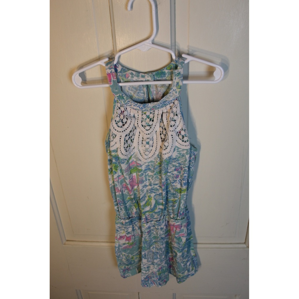 Lilly Pulitzer Girls Blue Tropical Crochet Lace Romper Sleeveless Size L 8-10